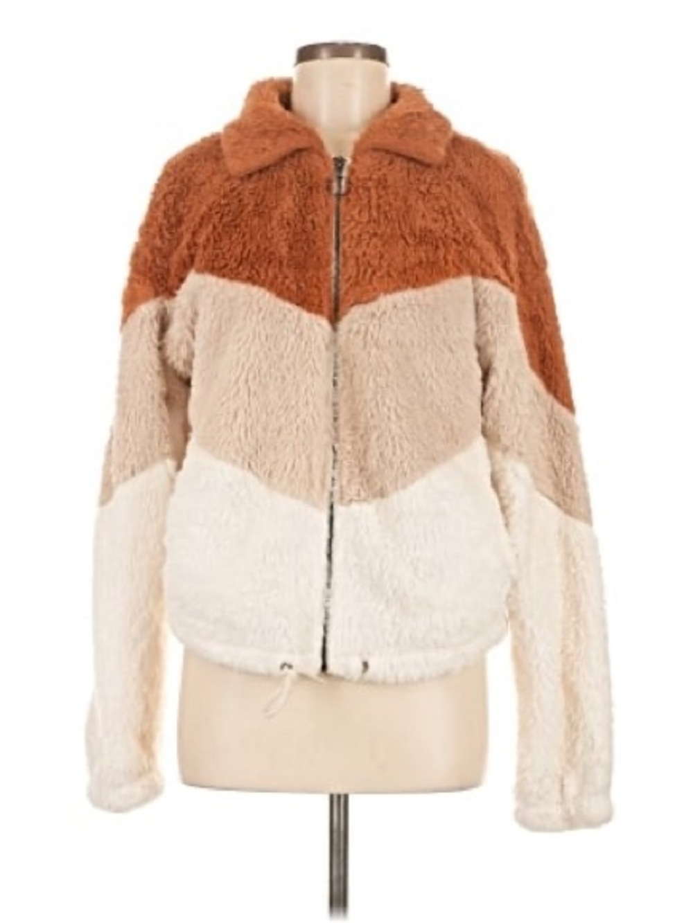 Colorblock Faux Sherpa Zip Jacket - Rust, Beige & Cream